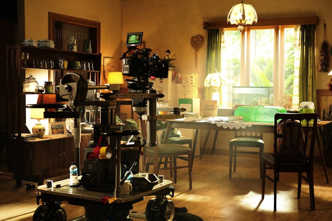 Television interview set with cameras and studio lights